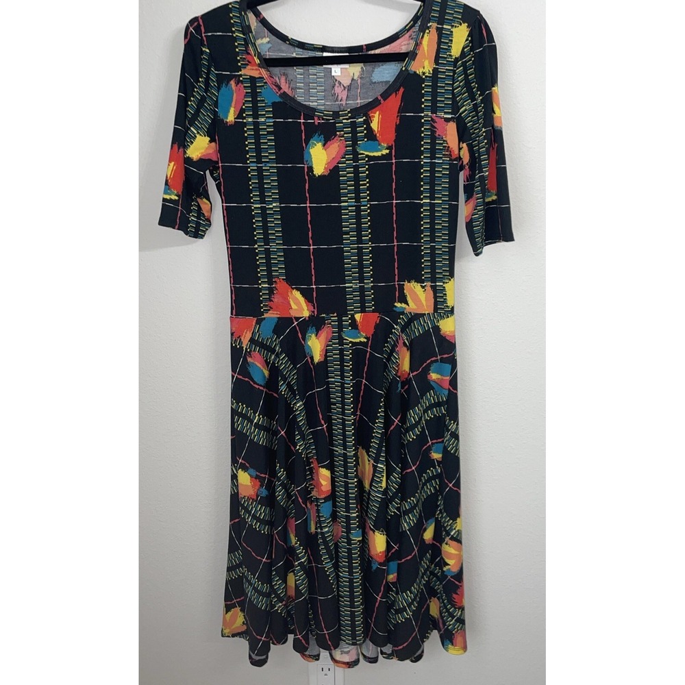 LuLaRoe Nicole Dress Women's Large Paint Splat‎ Bright Fitted Bodice